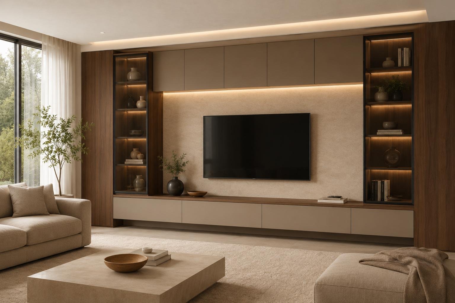 Custom warm-walnut living room cabinetry and media wall by LuxeLine, Sydney
