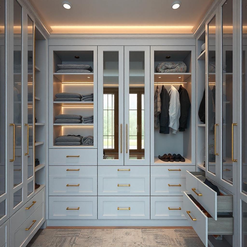 Custom walk-in wardrobe with glass-front cabinetry and brass handles, Randwick, Sydney